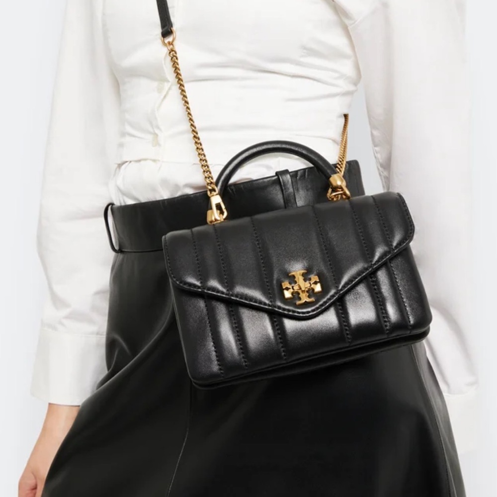 Tory Burch Kira Small Quilted Leather Top Handle Satchel Black Gold NWT - Picture 7 of 11